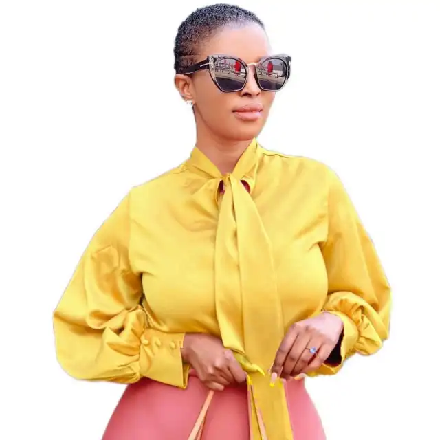 Long Sleeve Solid Tie Shirt African Top Yellow - Shop at LoveMi