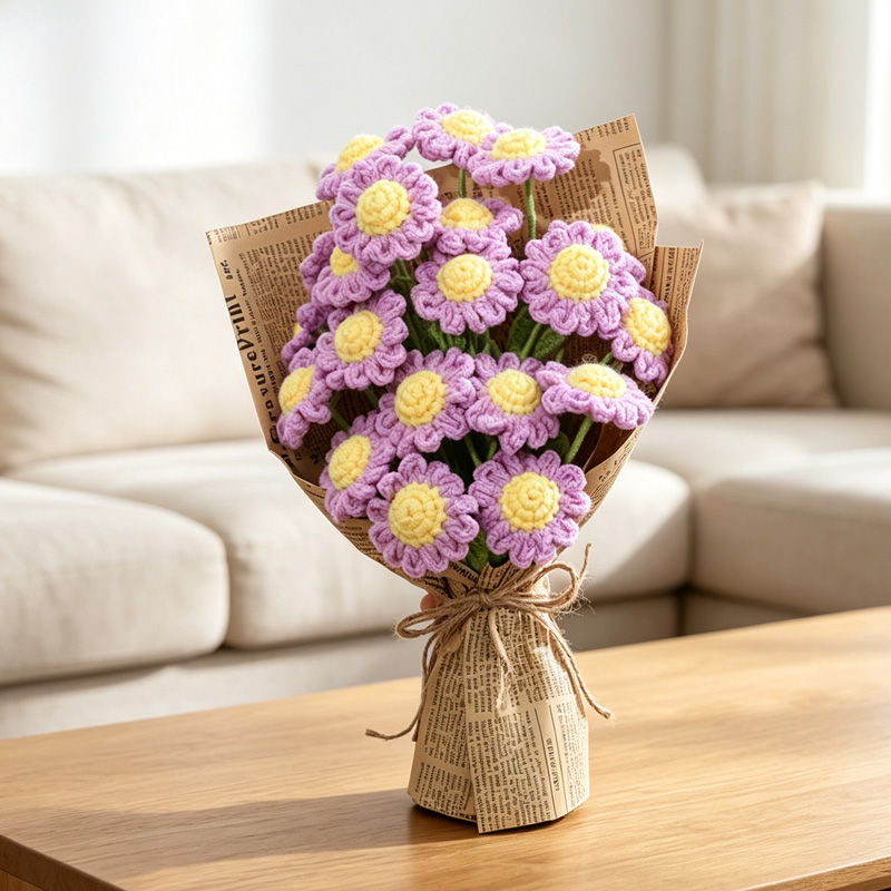 Handmade Crochet Lavender Purple Bouquet, Everlasting Knitted Yarn Flowers, Vintage Newspaper Wrapped Rustic Floral Keepsake For Home Desktop Decor