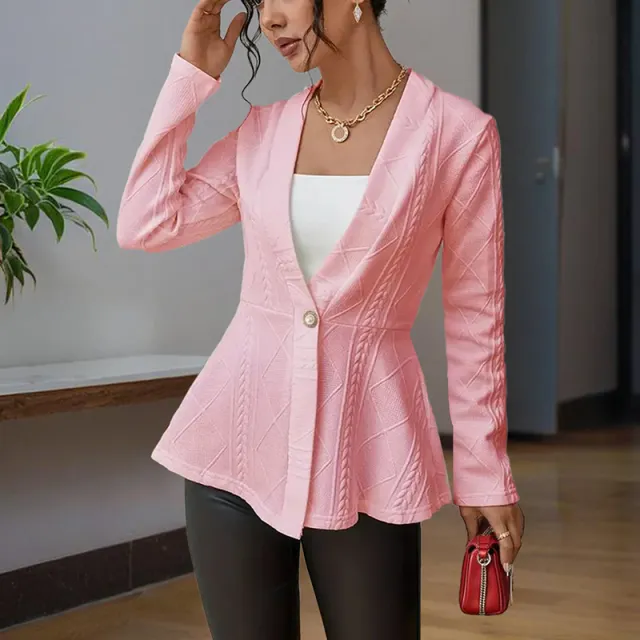 Women's Elegant V Neck Long Sleeve Textured Beaded Button Casual Spring & Fall Jacket Pink - Shop at LoveMi