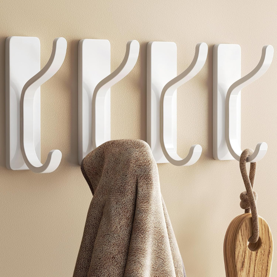 Wall Coat Hooks Heavy Duty Stick-On Door Hanger Metal Hook For Hanging Towel Purse Robe White 4 Pack
