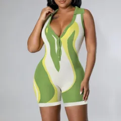 Single-Breasted Low-Cut Sports Lapel Sleeveless Bodysuit - Green - View 1