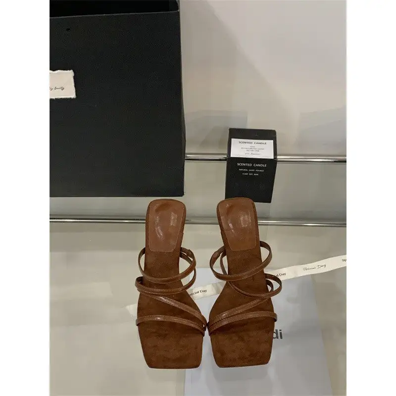 Fairy Style One-piece Toe Exposed Square Slippers For Women, French Style Exquisite High Heels, Cool Slippers