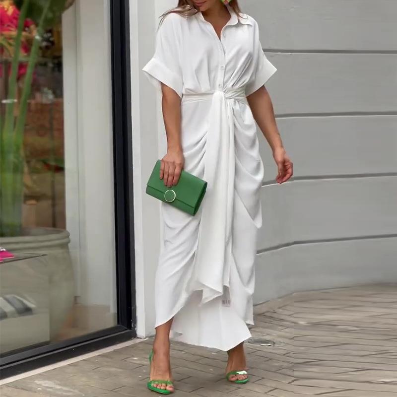 Women's Button Down Shirt Dress, Short Sleeve Belted Midi Dress With Tie Waist