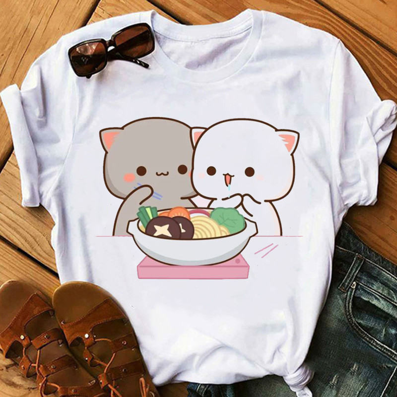 Title 6, Cute Cartoon Cat Print Couple White T-shirt Loo...