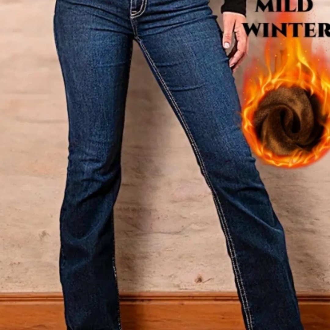 Pantalon évasé doublé polaire Femme Chaud Hiver Bootcut Denim Bleu Foncé US Warehouse Ready Stock
