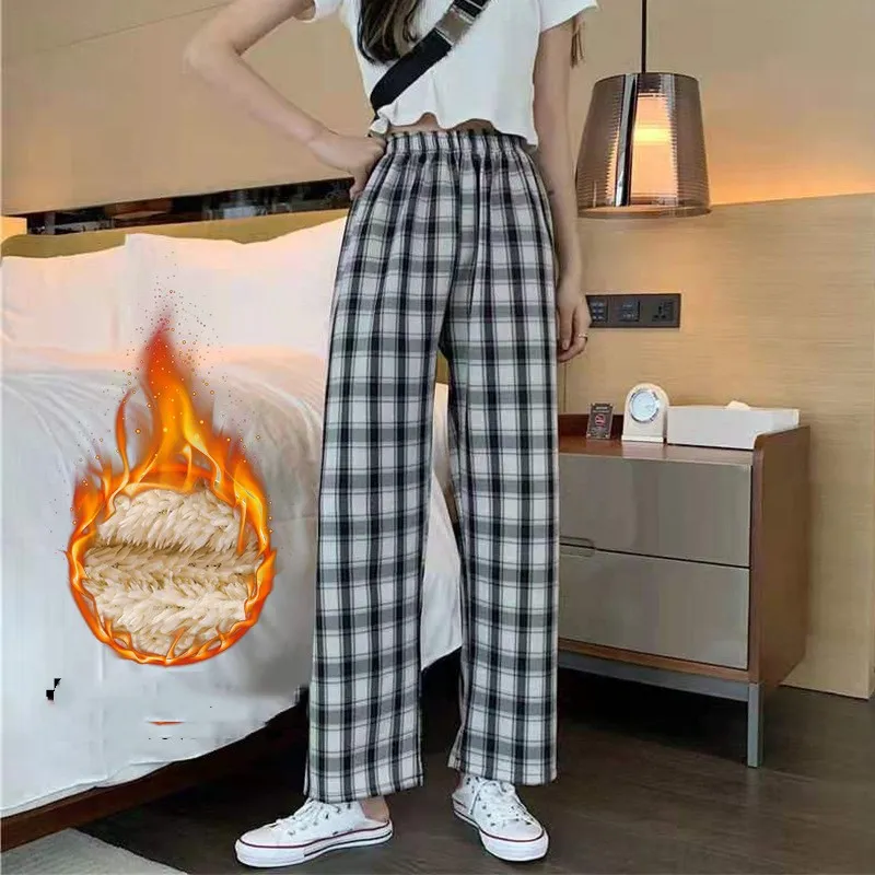 Autumn And Winter Padded Thickening High Waist Thin Drape Straight Casual Wide Leg Dragging Pants - Black And White Plaid