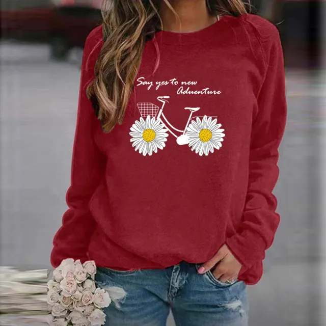 Women's Sweatshirt Round Neck Casual Loose Pullover Top Printed Long Sleeve T shirt 15 Style 3Xl - Shop at LoveMi