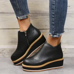 Ankle Boots Women Chunky Block Heel Shoes - Black - View 1