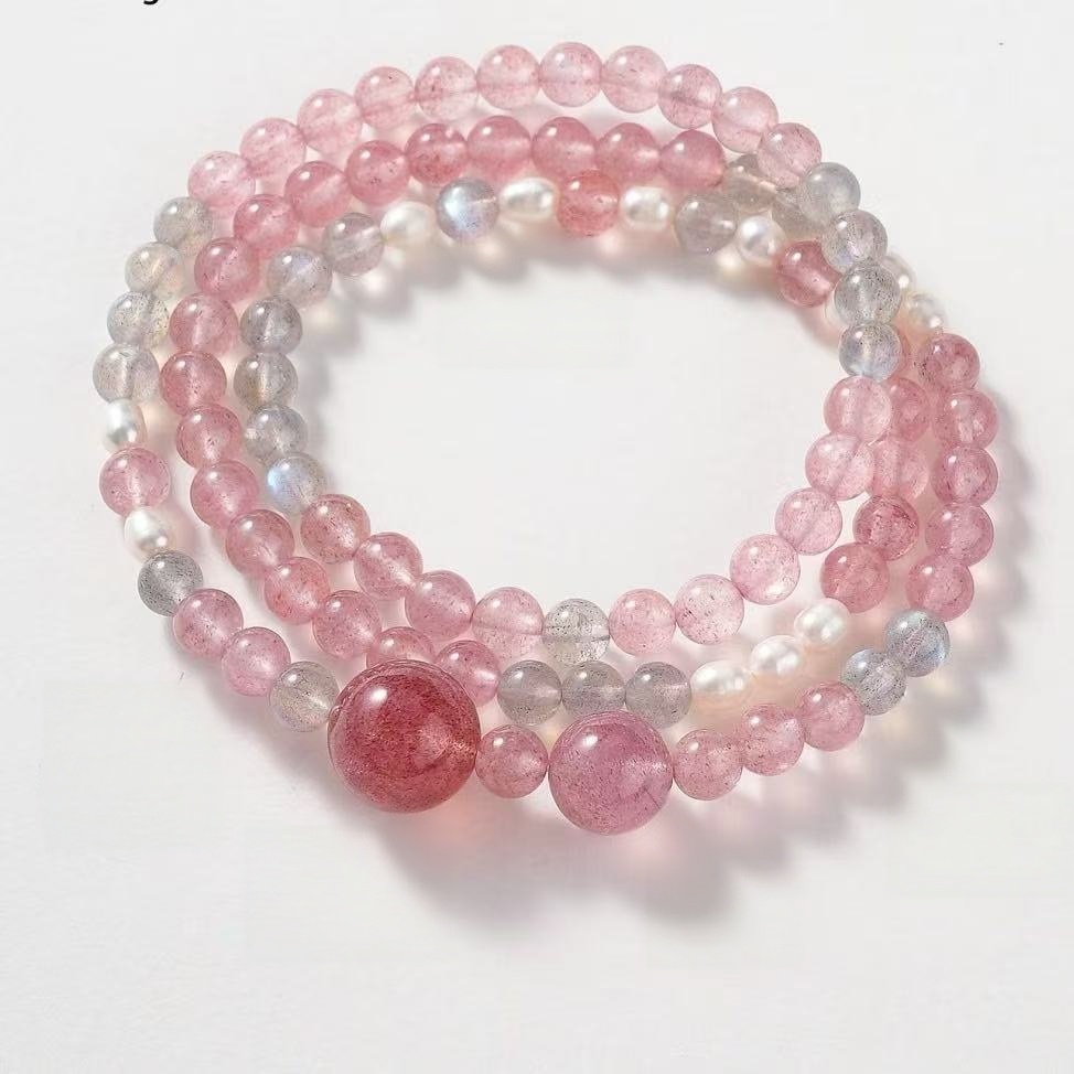 Natural Strawberry Quartz Moonstone Bracelet Pearl Multi Layer Beaded Chain Love Energy Jewelry For Women