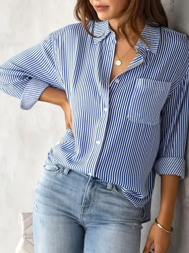 Ladies' Shirt, Classic Striped Print Casual Collar Long Sleeve With Pockets Shirt Blue - Shop at LoveMi