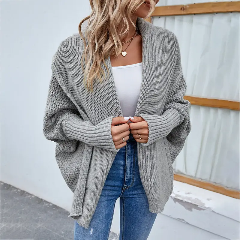 Loose Knitted Sweater Solid Color Bat Sleeve Large Lapel Cardigan Autumn