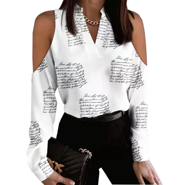 Long Sleeve Off shoulder Long Sleeve Printed Shirt Letter L - Shop at LoveMi