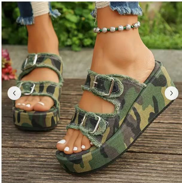 Sandalias de cuña con hebilla de mezclilla para mujer, zapatillas de tacón alto - 第 4/6 張圖片