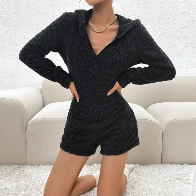 Women's Fashion Temperament Leisure Solid Color Long sleeved Top One piece Shorts Black - Shop at LoveMi