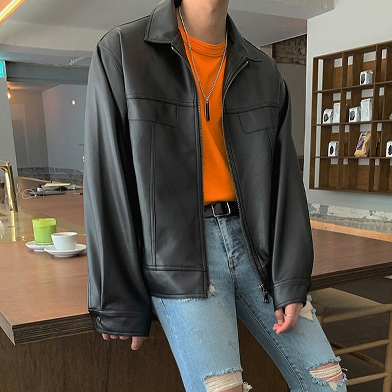 Men's Casual Lapel Collar Handsome Motorcycle Loose Solid Color Leather Jacket