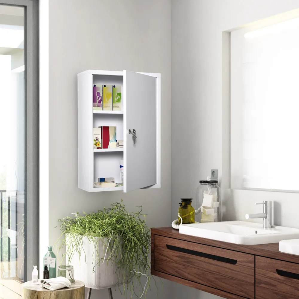 Kleankin Medicine Cabinet Steel Wall Mount 24x16 3-Tier Storage Lockable White