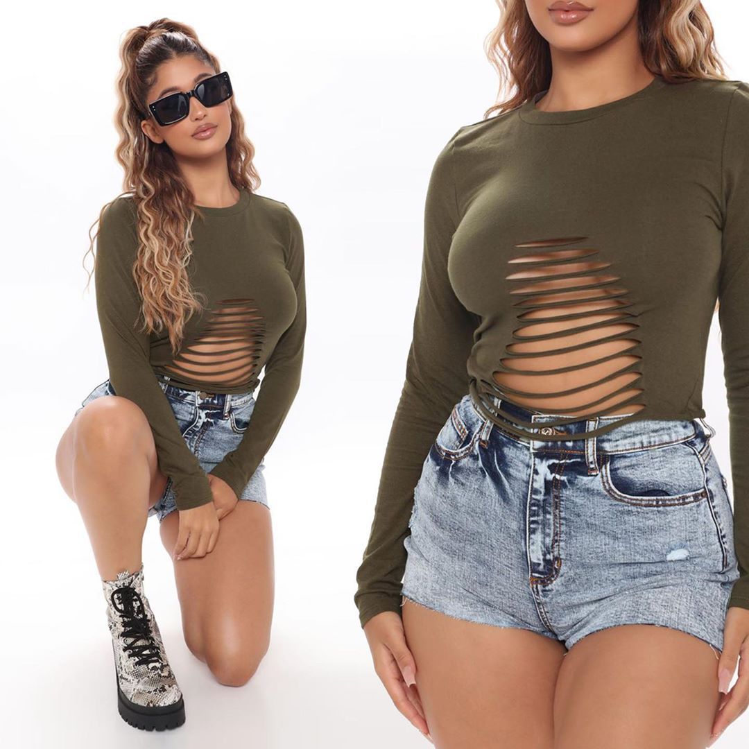 Hollow Long Sleeve Versatile T-Shirt Fashion