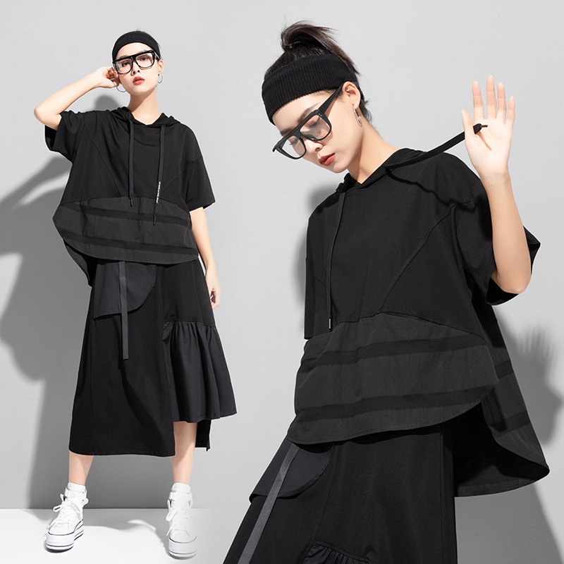 T Sweatshirt Hooded Loose Pockets Paneled Thin Short Sleeves