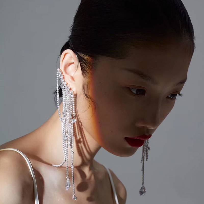 Exaggerated Diamond Zircon Crystal Tassel Long Ear Clip