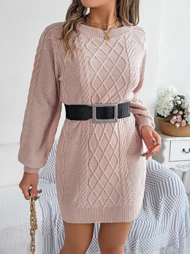 Women Solid Color Cable Knit Cinched Lantern Sleeve Sweater Dress Pink - Shop at LoveMi
