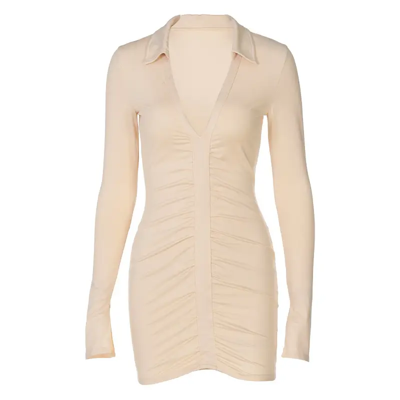 Sexy Solid Color Deep V Lapel Long-sleeved Pleated Tight-fitting Hip Dress