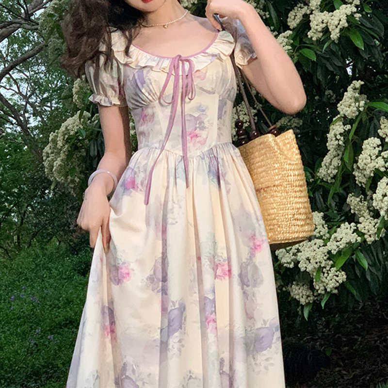 French Retro Printed Dress For Women