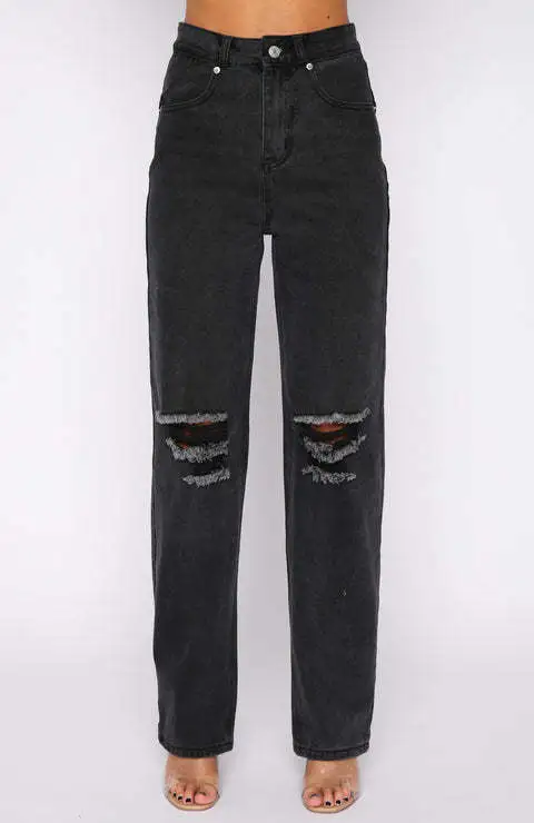 Plain Wash Solid Straight Denim Trousers Black - Shop at LoveMi