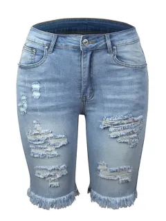 Women's Denim Shorts, Quarter Length Jeans, Ripped Jeans, Frayed Hems - View 1
