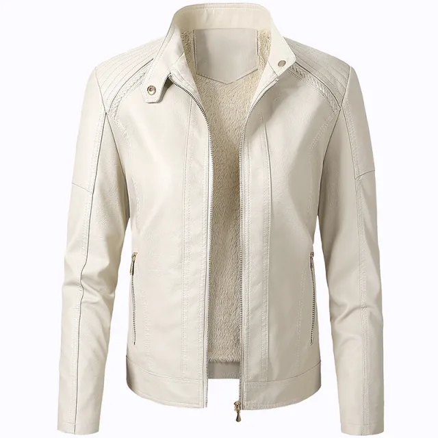 Long Sleeve Ladies Leather Jacket Pu Leather Women Short Beige - Shop at LoveMi