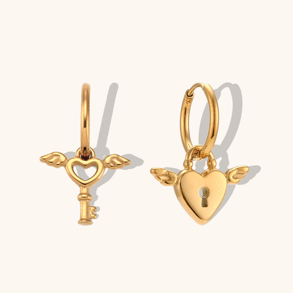 Asymmetric Heart Key Wings Earrings