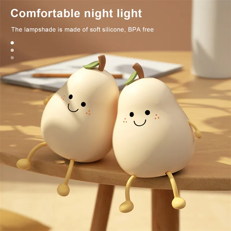 LED Pear Fruit Night Light USB Rechargeable Dimming Touch Silicone Table Lamp Bedroom Bedside Decoration Couple Gift Boby Light – image 4