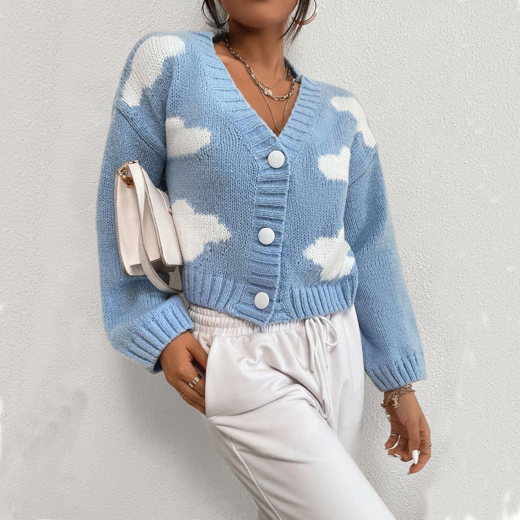 Loose V Neck Long Sleeve Knit Women's Top