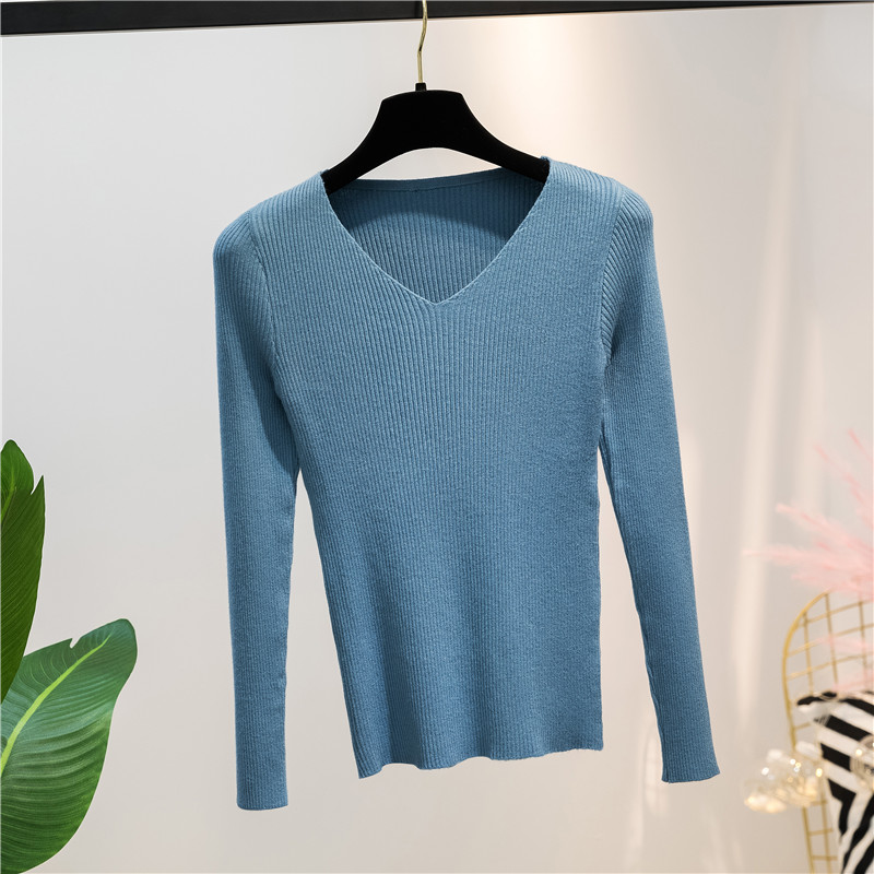 Autumn And Winter V-neck Knitted Long-sleeved Slim-fitting Bottoming Shirt Top