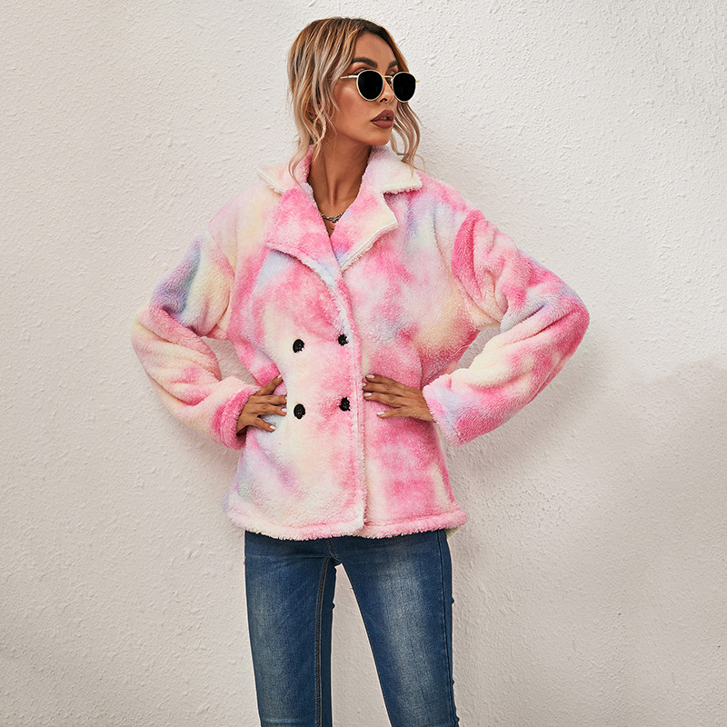 Tie-Dye Printed Double-Sided Plush Long-Sleeved Double-Breasted Padded Jacket