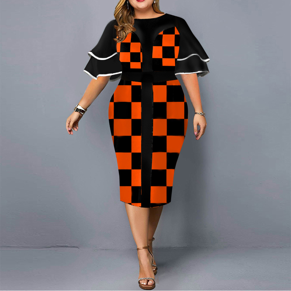 New Digital Positioning Printing Plaid Bag Hip Skirt Plus Size Women's Clothing