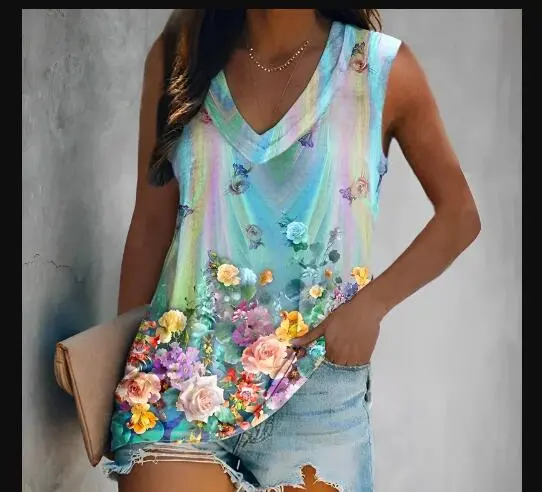 Contrast Print V Neck Fashion Street Short Sleeve Women's T Shirt Txt203232 Style - Shop at LoveMi