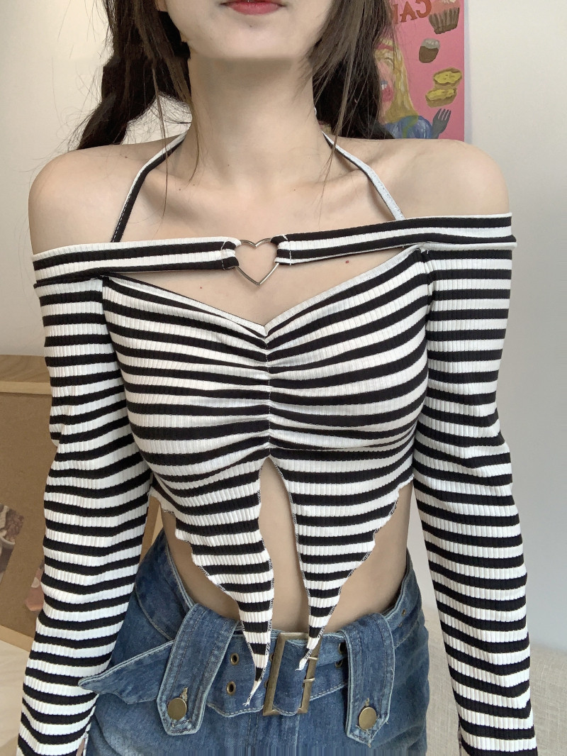 Ladies Striped Knit Hollow Halter Slim Fit Long Sleeve Top