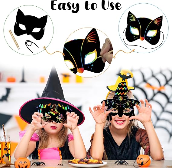 Halloween Games, 24 Pack Rainbow Scratch Masks, Fun DIY Art Activity For Kids, Halloween Party , Crafts & Activities