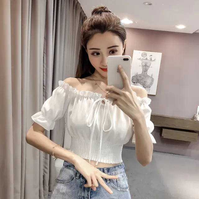 Women High Waist Short One line Neck Strapless Sexy Puff Sleeve Top White - Shop at LoveMi