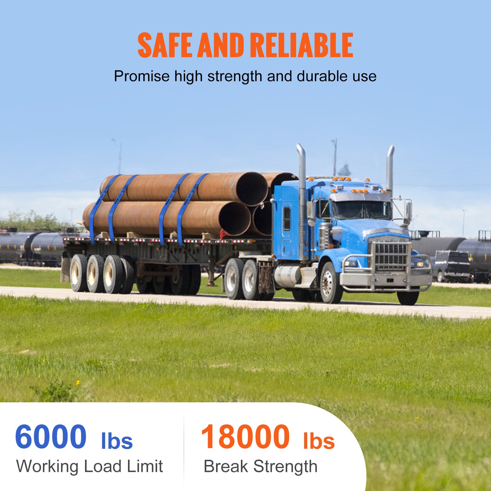 VEVOR blue winch strap 30-foot length fully extended on commercial flatbed semi trailer