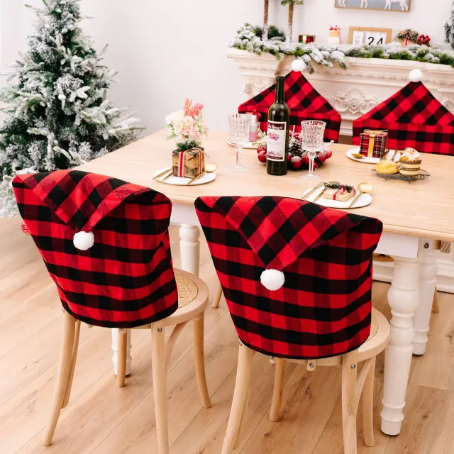 Christmas Season New Home Decorations Red Black Plaid Ribbon White Fur Ball Chair Cover Red And Black Chair Cover 2Pcs - Shop at LoveMi