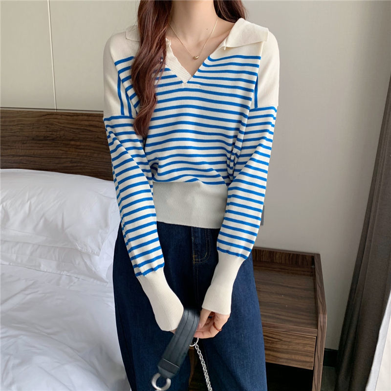 Title 2, Striped Short Long-sleeved Sweater Lapel Cover