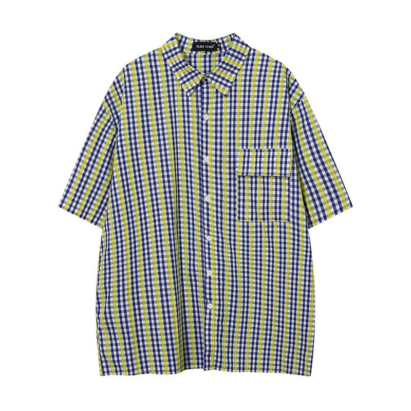 American Vintage Plaid Color Blocking Print Short-sleeved Shirt Men