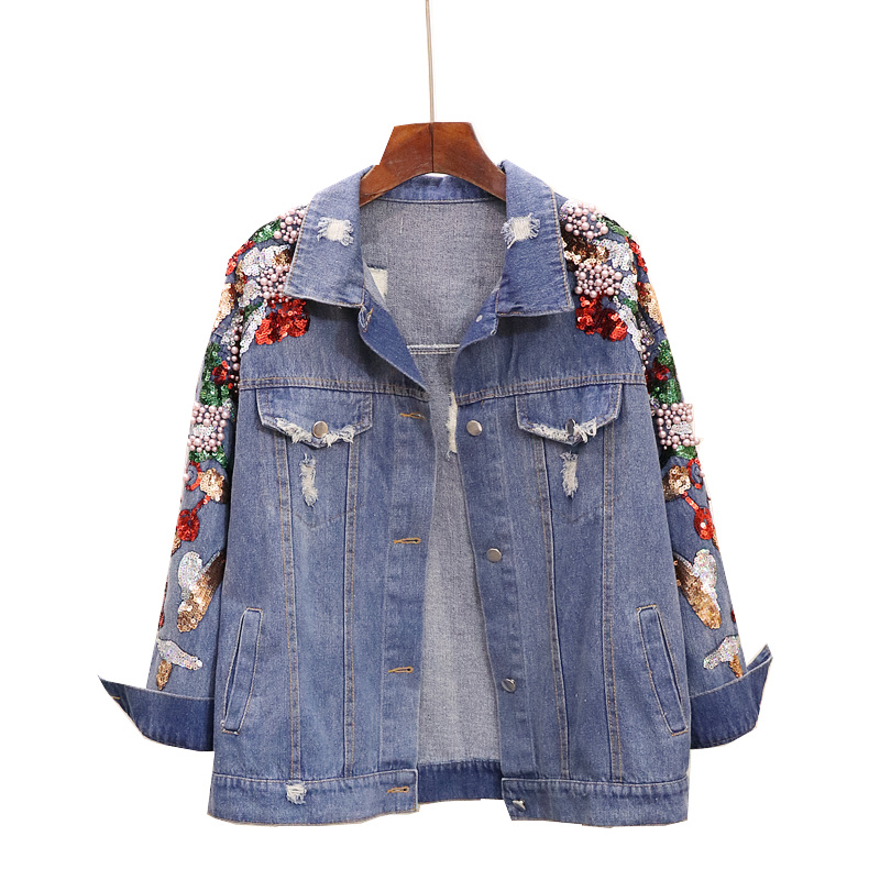 Loose Heavy Industry Embroidered Beaded Sequins Slimming Denim Jacket Women Blue - Shop at LoveMi