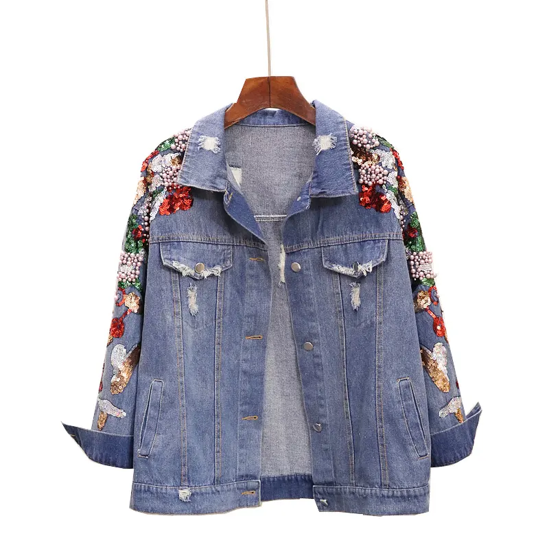Loose Heavy Industry Embroidered Beaded Sequins Slimming Denim Jacket