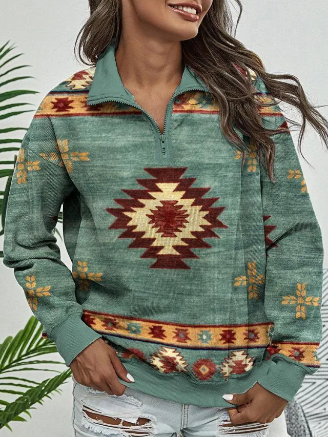 Autumn And Winter Ethnic Print Casual All match Small Sweater Women Green - Shop at LoveMi