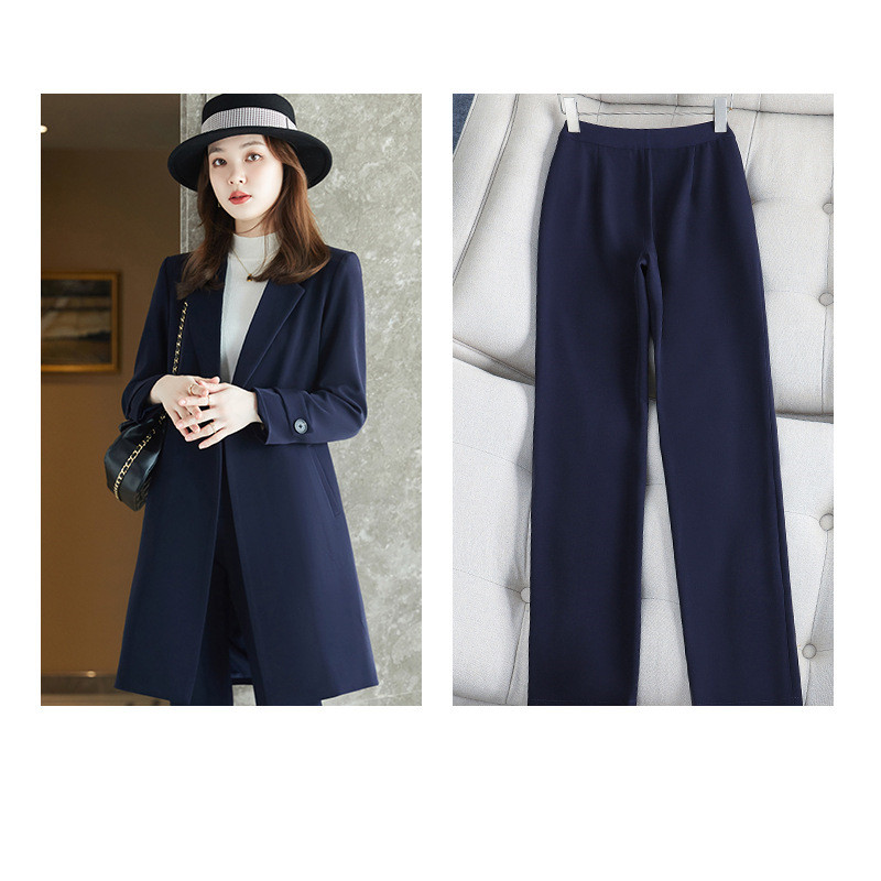 Long Sleeved Suit Jacket Women's Business Wear Long Trench Coat Navy Blue Suit Pants - Shop at LoveMi