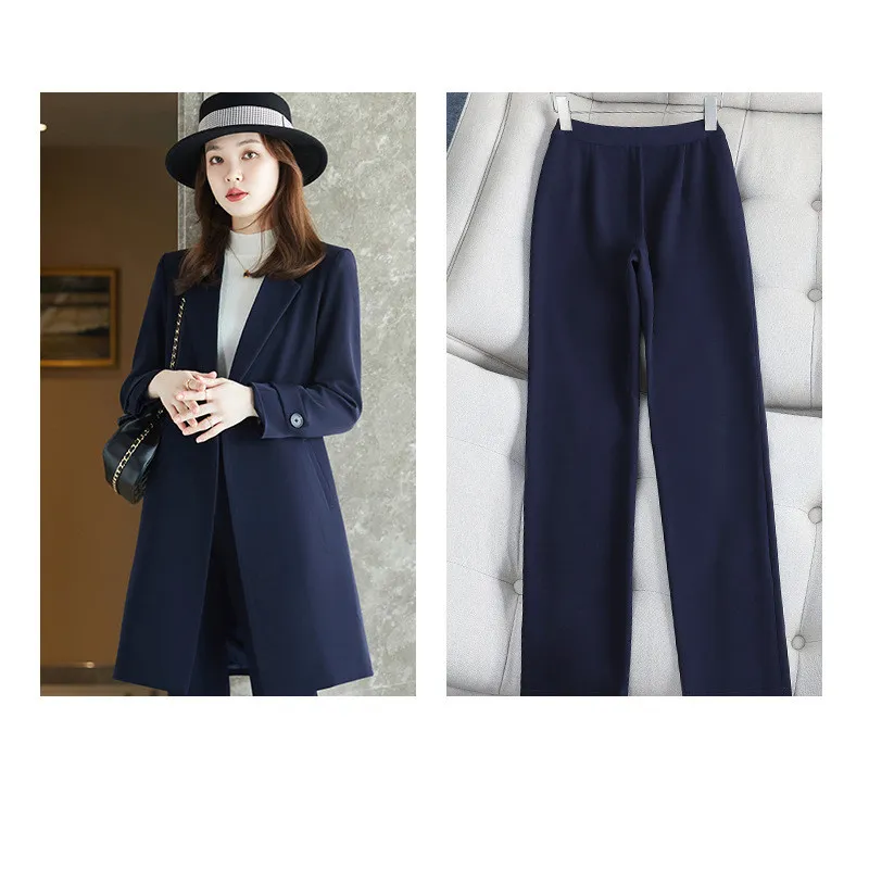 Long Sleeved Suit Jacket Women's Business Wear Long Trench Coat - Navy Blue Suit Pants