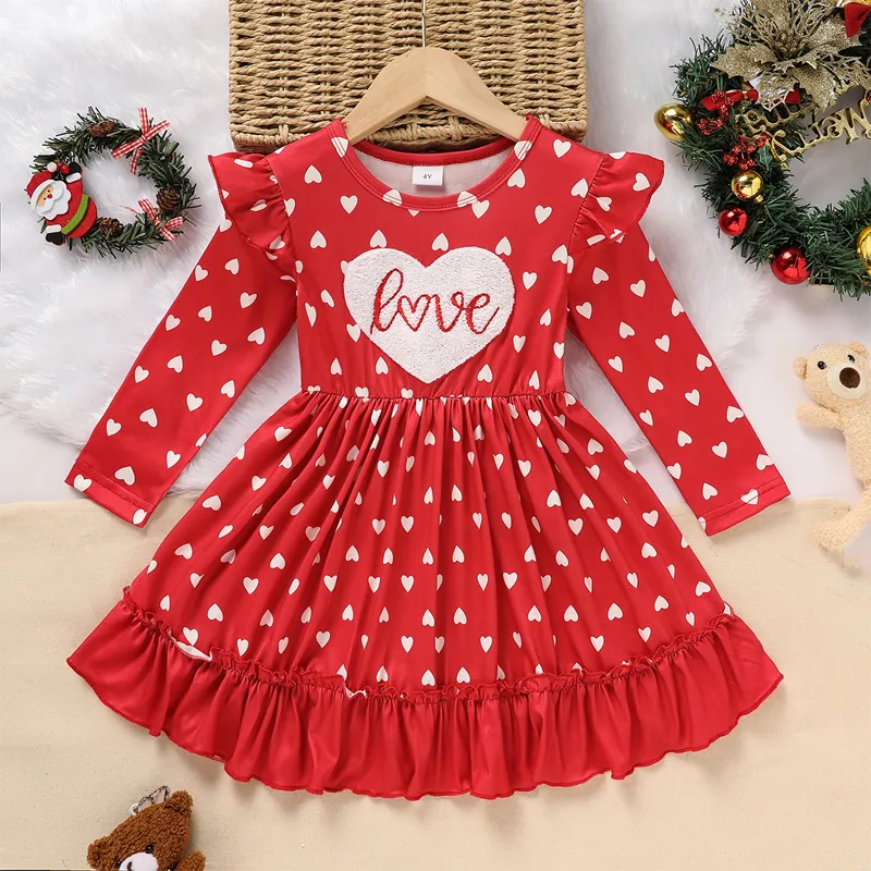 Toddler Girl's Cute 'LOVE' Embroidered Dress, Heart Print Long Sleeve A-Line Dress With Ruffle Hem