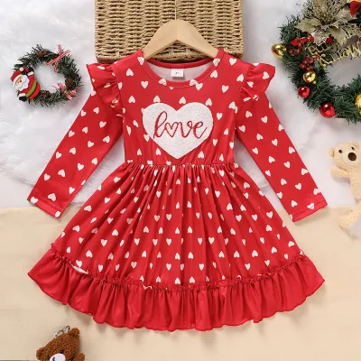 Toddler Girl's Cute 'LOVE' Embroidered Dress, Heart Print Long Sleeve A-Line Dress With Ruffle Hem